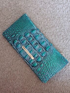Brahmin Teal Croc-Embossed Long Wallet with Gold Plaque